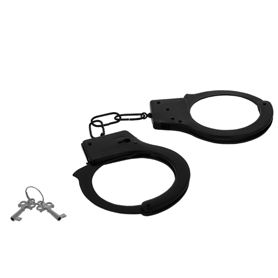 Menottes en métal noir Intense Fetish réglables, mécanisme à cliquet et jeu de deux clés. Fermeture sécurisée et dégagement rapide pour explorer la domination.