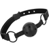 Baillon-boule Intense Fetish, boule noire percée montée sur sangle en cuir vegan a boucle reglable et anneaux ; accessoire BDSM de domination soft pour le jeu de soumission