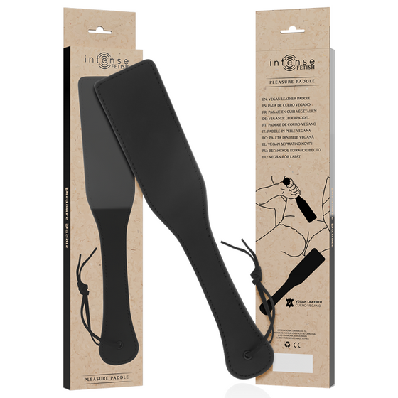 Emballage et paddle Pleasure Paddle Intense Fetish en cuir vegetalien noir, longue palette plate et lanniere poignet ; accessoire BDSM de 32,5 cm pour debuter la discipline