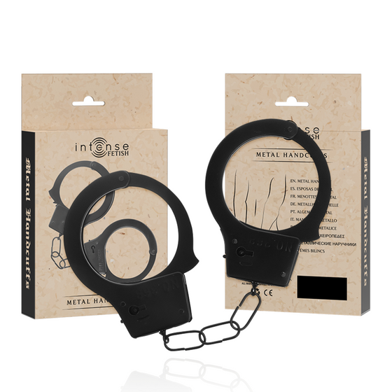 Menottes en métal Intense Fetish avec leur boite kraft Metal Handcuffs, anneaux d'acier reliés par chaine. Verrouillage à clé robuste pour la restriction.