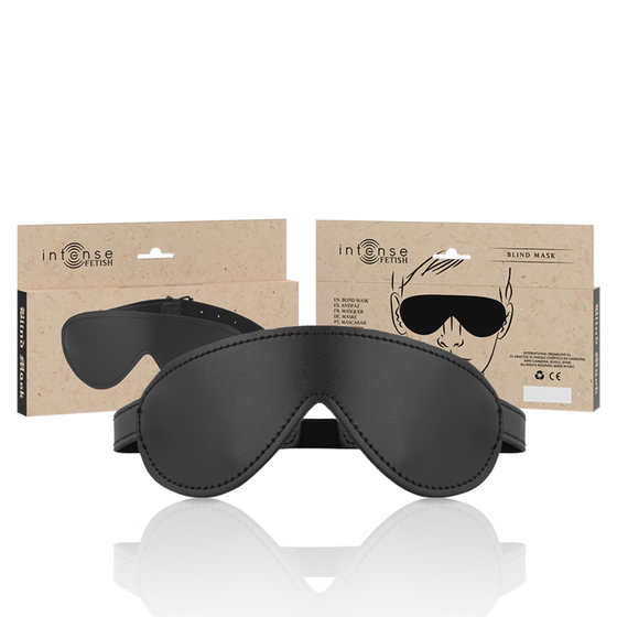 Emballage et masque aveugle Intense Fetish en cuir synthetique noir, sangle elastique reglable ; accessoire BDSM de privation sensorielle pour la domination soft a deux
