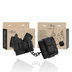 Menottes en cuir synthétique Intense Fetish avec leur boite kraft Handcuffs, sangles à boucle reliées par chaine noire. Manchettes ajustables pour le bondage.