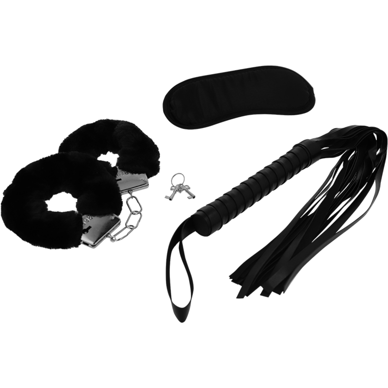 Coffret BDSM cuir végétalien menottes masque flogger — détail produit