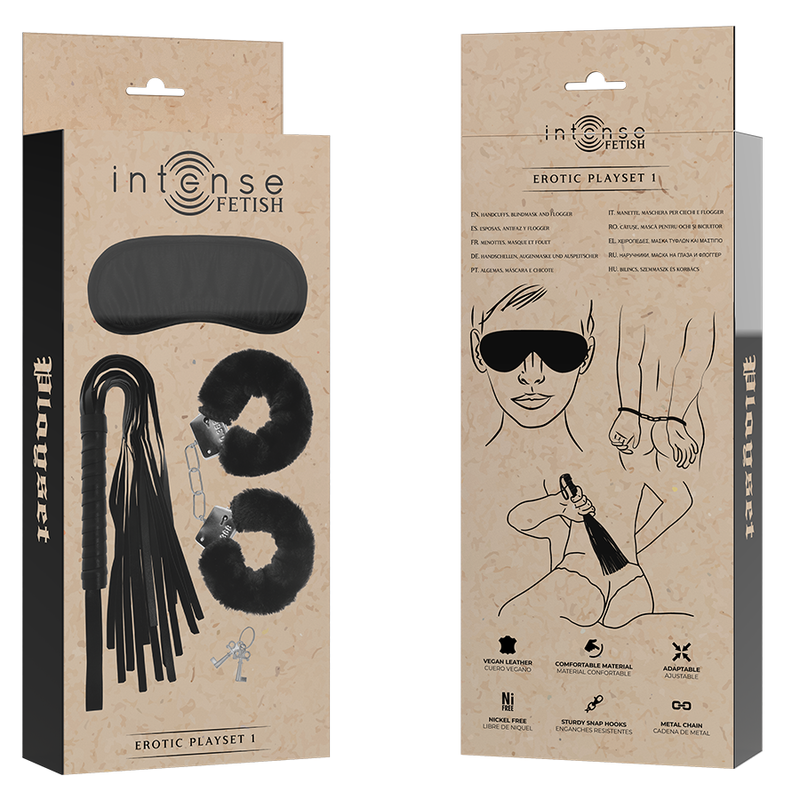 Emballage kraft Intense Fetish Erotic Playset 1 de face et de dos, schémas explicatifs du flogger, du masque et des menottes en cuir vegan du coffret BDSM.