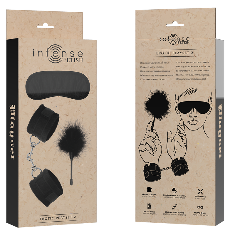 Boite kraft Intense Fetish Erotic Playset 2 recto-verso, illustrations détaillées du masque aveugle, des menottes en fourrure et du tickler du coffret BDSM en cuir vegan.