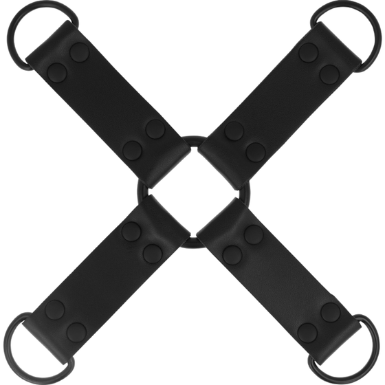 Attache multiple Hog Tie Intense en cuir synthétique noir, sangles cloutées en croix avec anneaux en D. Système pour entraver simultanément mains et pieds.