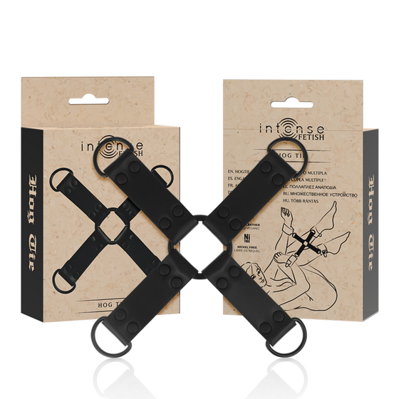 Boite kraft Intense Fetish Hog Tie recto-verso, illustrations de l'attache en croix en cuir synthétique pour relier mains et pieds lors des jeux de soumission et de bondage.