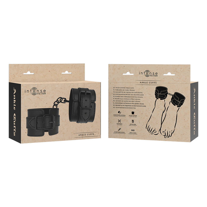 Boite kraft Intense Fetish Ankle Cuffs recto-verso, schémas explicatifs illustrant le port aux chevilles des manchettes en cuir vegan noir pour les jeux de bondage.