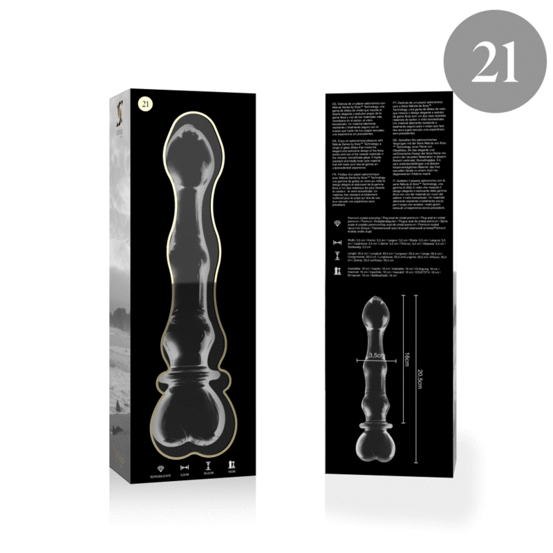Packaging gris du gode en verre borosilicate Nebula Series avec notice et schema de la tige a tete coeur, sextoy transparent lisse non poreux a jeu de temperature.
