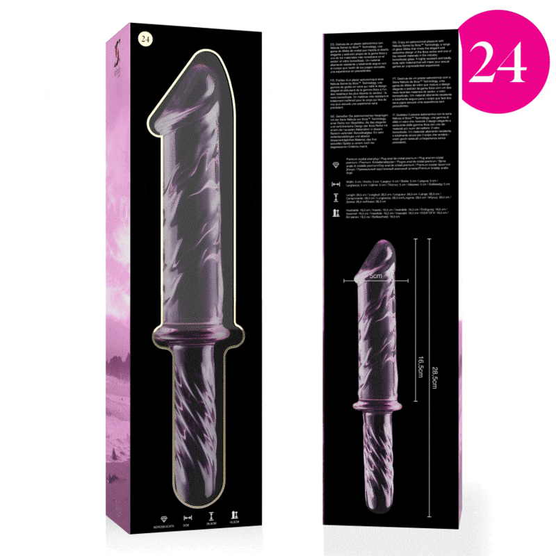 Packaging violet du double gode en verre borosilicate Nebula Series avec notice et schema de la tige realiste a gland et manche torsade, sextoy transparent non poreux.