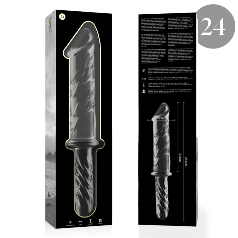 Packaging du double gode en verre borosilicate Nebula Series avec notice et schema de la tige realiste a gland et manche torsade, sextoy transparent non poreux thermique.