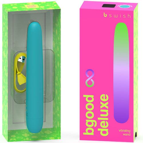 Boîte Bgood Deluxe rose fluo ouverte présentant le vibro turquoise et son câble jaune. Packaging vibrating wand coloré, vitrine du point G turquoise, ambiance vive.