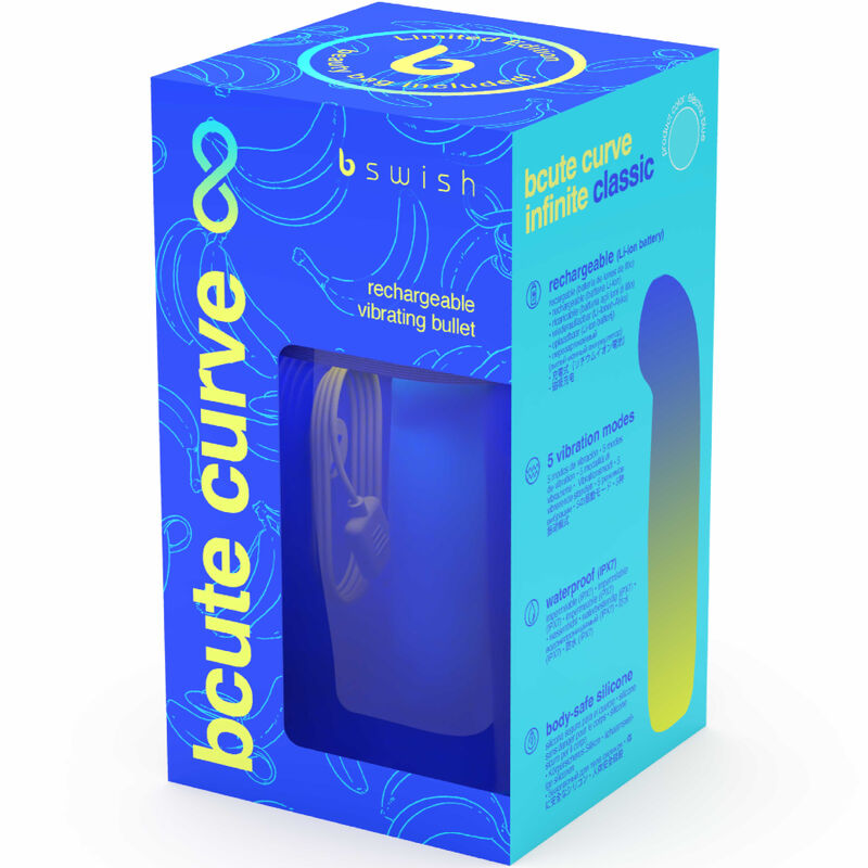 Boîte Bcute Curve Infinite bleue illustrée du bullet, mention rechargeable vibrating bullet. Packaging fermé bleu électrique au symbole infini, motifs graphiques pétillants.