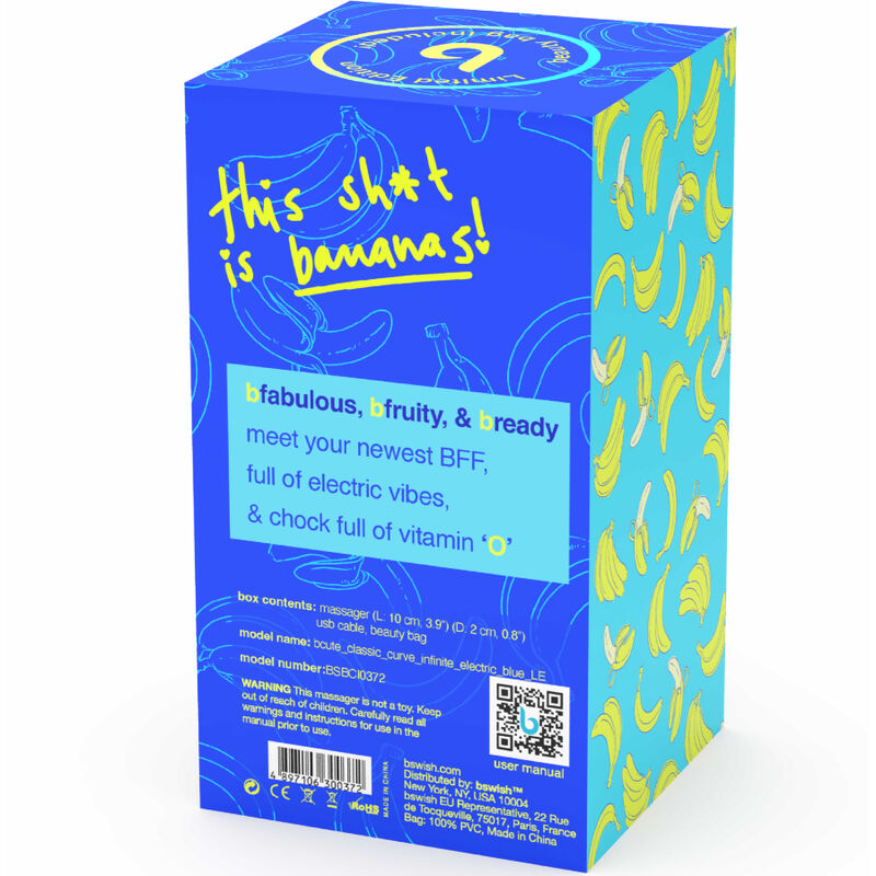 Boîte Bcute Curve bleue au motif bananes jaunes vue de dos, slogan fabulous fruity ready. Packaging humoristique très coloré avec codes-barres, sans produit apparent.