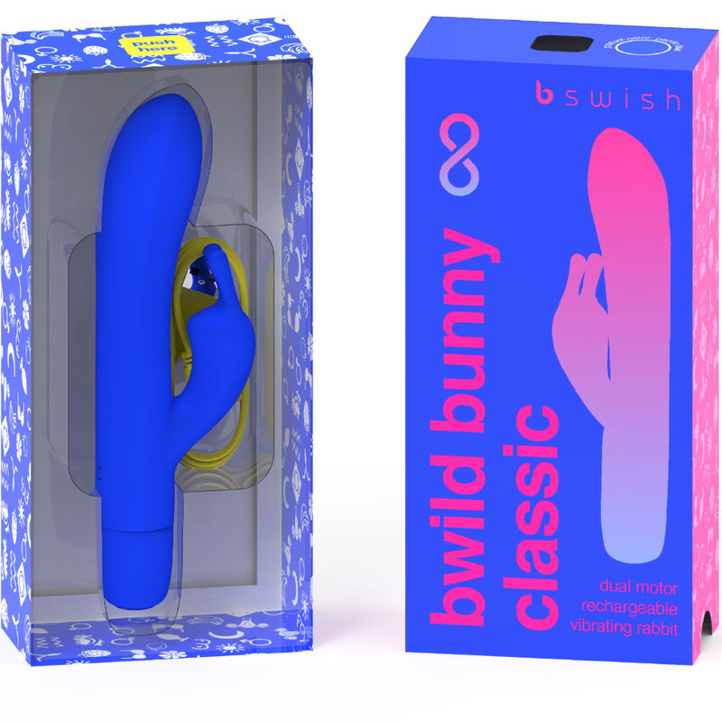 Boîte Bwild Bunny Classic bleue ouverte présentant le rabbit bleu, à côté la boîte fermée rose et bleue. Packaging vitrine du vibromasseur lapin rechargeable, tons électriques.