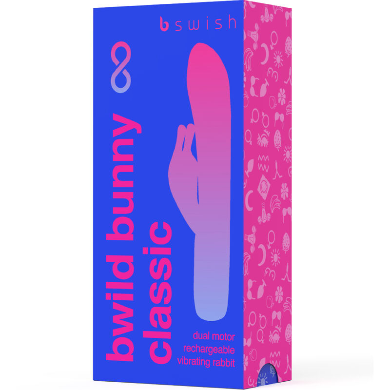 Boîte Bwild Bunny Classic rose et bleue illustrée du rabbit, symbole infini bien visible. Packaging fermé aux motifs vifs, mention dual motor rechargeable vibrating rabbit.