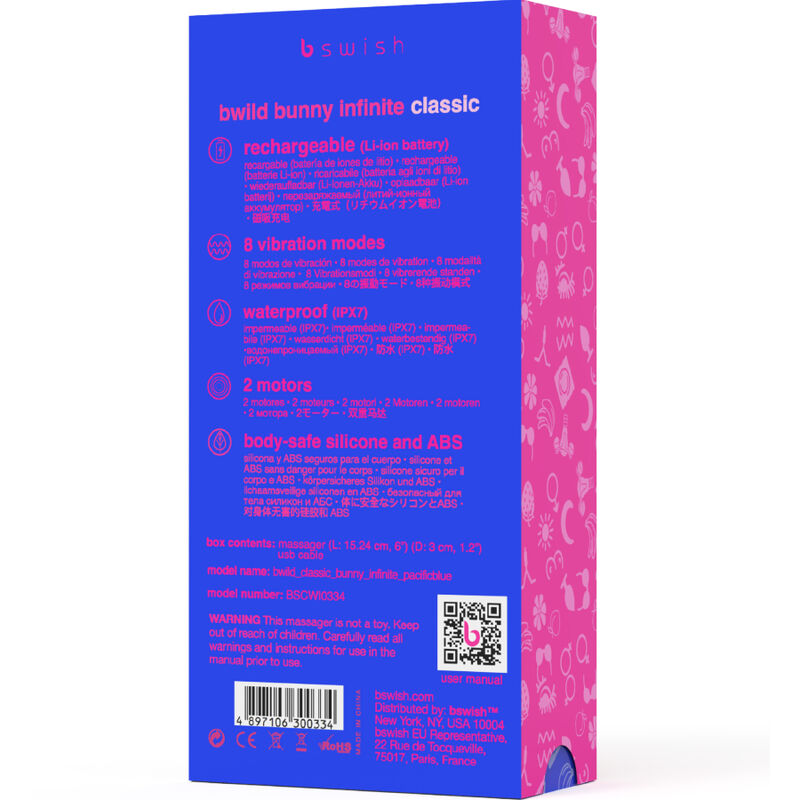 Dos de la boîte Bwild Bunny Infinite Classic bleue : pictogrammes rechargeable, modes, waterproof, silicone. Codes-barres et QR code, packaging coloré sans produit visible.