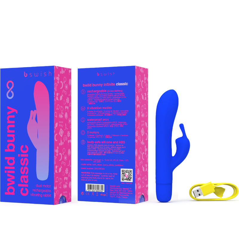 Plusieurs faces des boîtes Bwild Bunny Classic bleu et rose entourant le rabbit bleu et son câble jaune. Packaging argumenté coloré, présentation marchande du lapin double moteur.