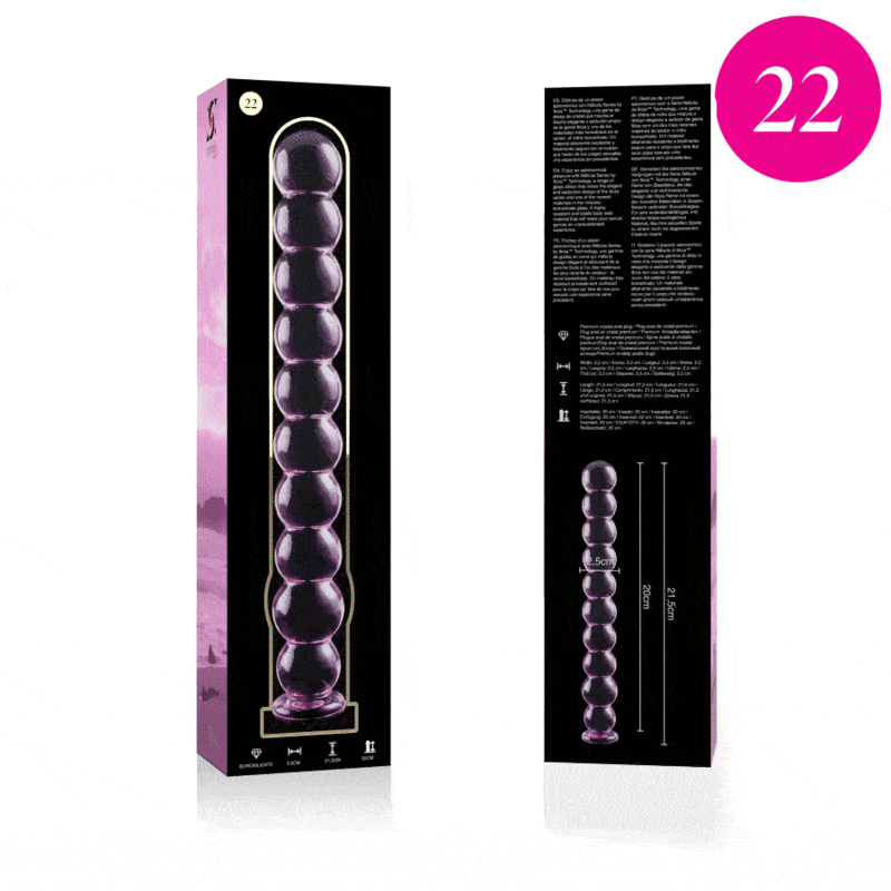 Packaging violet du chapelet anal en verre borosilicate Nebula Series avec notice et schema de la tige a billes, sextoy transparent lisse non poreux thermique.