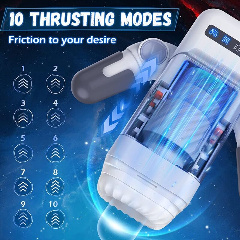 Visuel des 10 modes de poussee du masturbateur Baile, gaine transparente texturee dans le boitier robot, friction va-et-vient reglable selon les envies