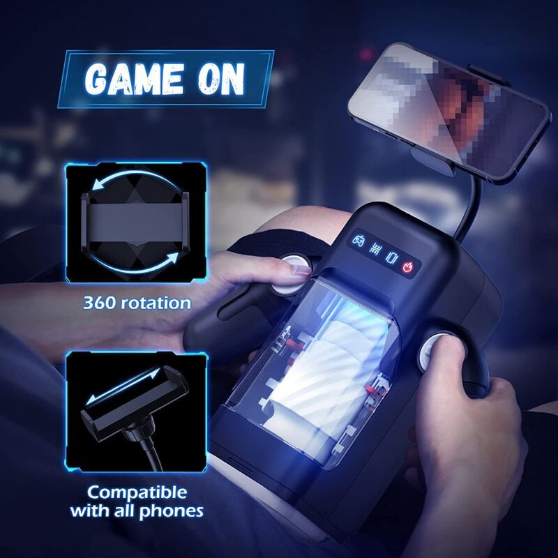 Visuel Game On du masturbateur Baile tenu en main, rotation 360 du support telephone compatible tous mobiles, gaine claire et commande deux mains
