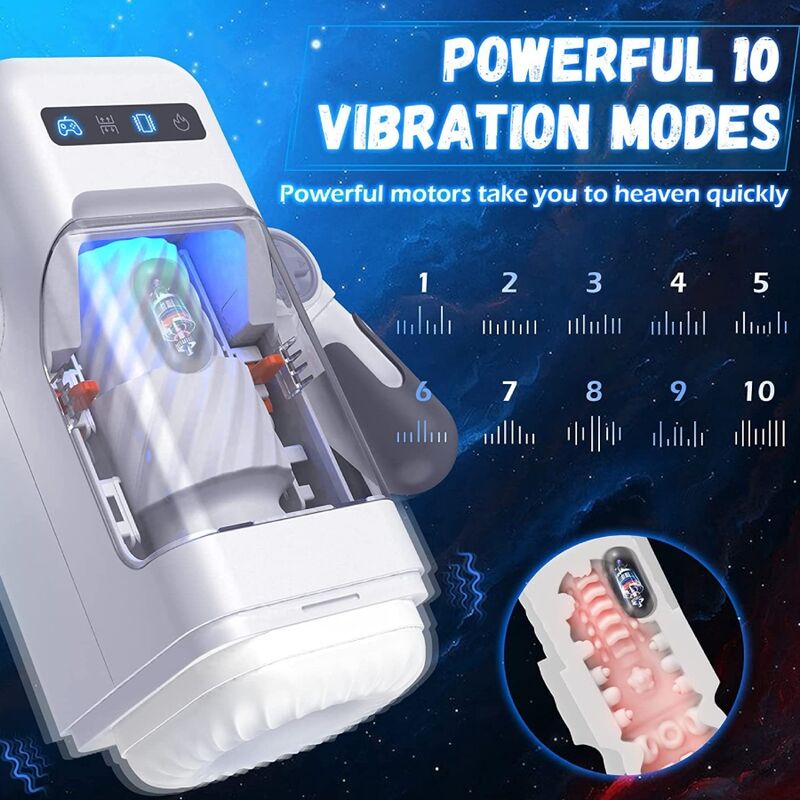 Visuel des 10 modes de vibration puissants du masturbateur automatique Baile, boitier blanc avec ecran et gaine claire, moteurs intenses pour le plaisir
