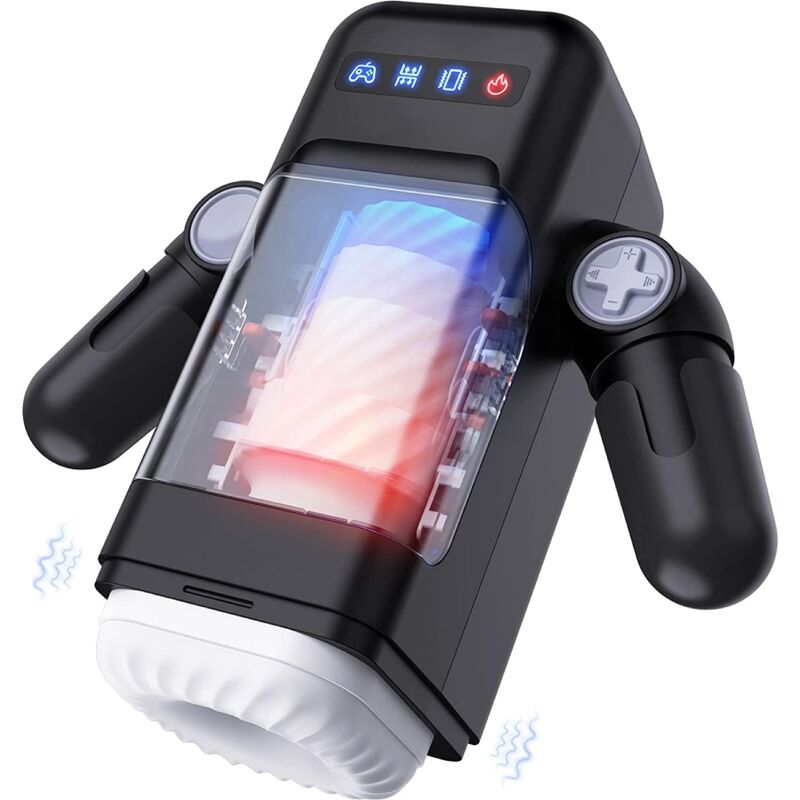 Masturbateur automatique Baile en silicone, design robot noir avec bras articules et gaine interne texturee transparente, fonctions vibration et va-et-vient chauffant