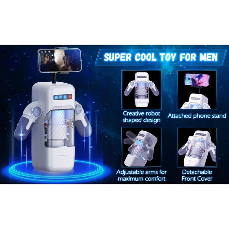 Visuel design du masturbateur Baile en forme de robot blanc, support telephone integre, bras reglables et cache avant amovible pour un confort optimal