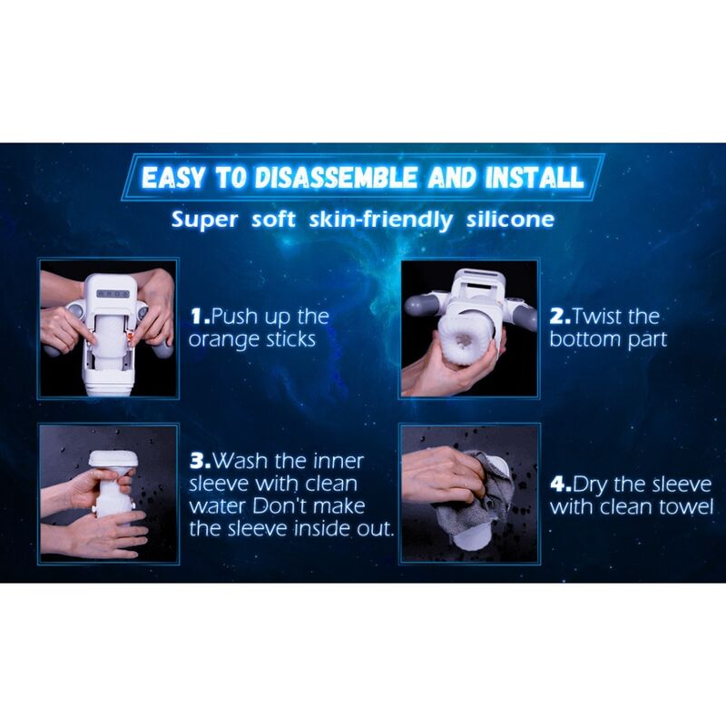 Schema de demontage et installation du masturbateur Baile en silicone doux, etapes pour retirer, laver et secher la gaine interne facilement