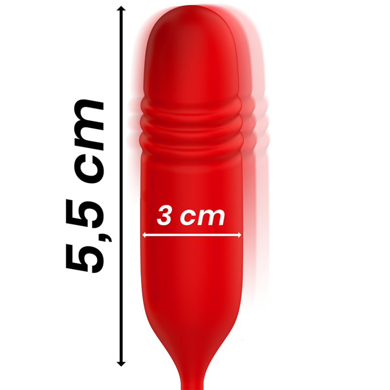 Embout de stimulation interne rouge du stimulateur Amalfi presente avec cotes 5,5 cm et 3 cm, forme texturee a anneaux en silicone medical reliee par cordon pour double zone.