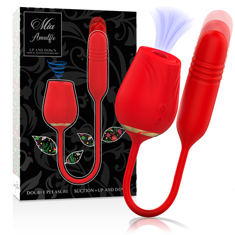 Boite du stimulateur Mia Amalfi lip and down, illustrant la rose d'aspiration rouge et la tige de stimulation interne reliees par cordon, gamme double zone en silicone medical.