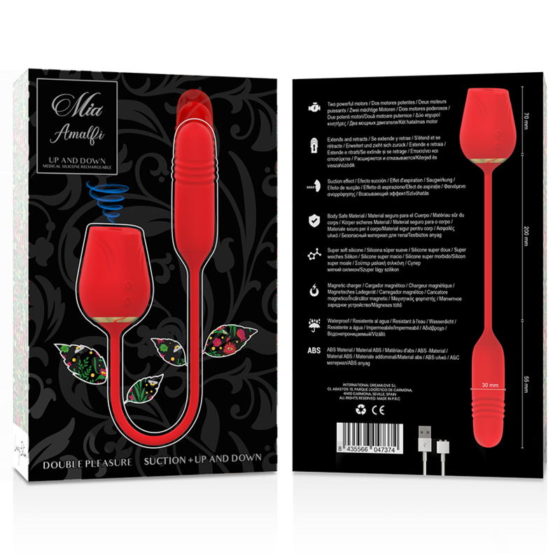 Emballage recto-verso du stimulateur Amalfi lip and down, illustrant la rose d'aspiration et la tige interne avec descriptifs et cable USB, gamme double zone silicone medical Mia.