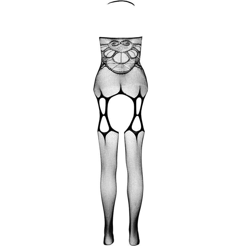 Bodystocking resille Passion Eco vu a plat, mailles filet degradees et grandes decoupes geometriques aux cuisses, elasthanne ROICA degradable.