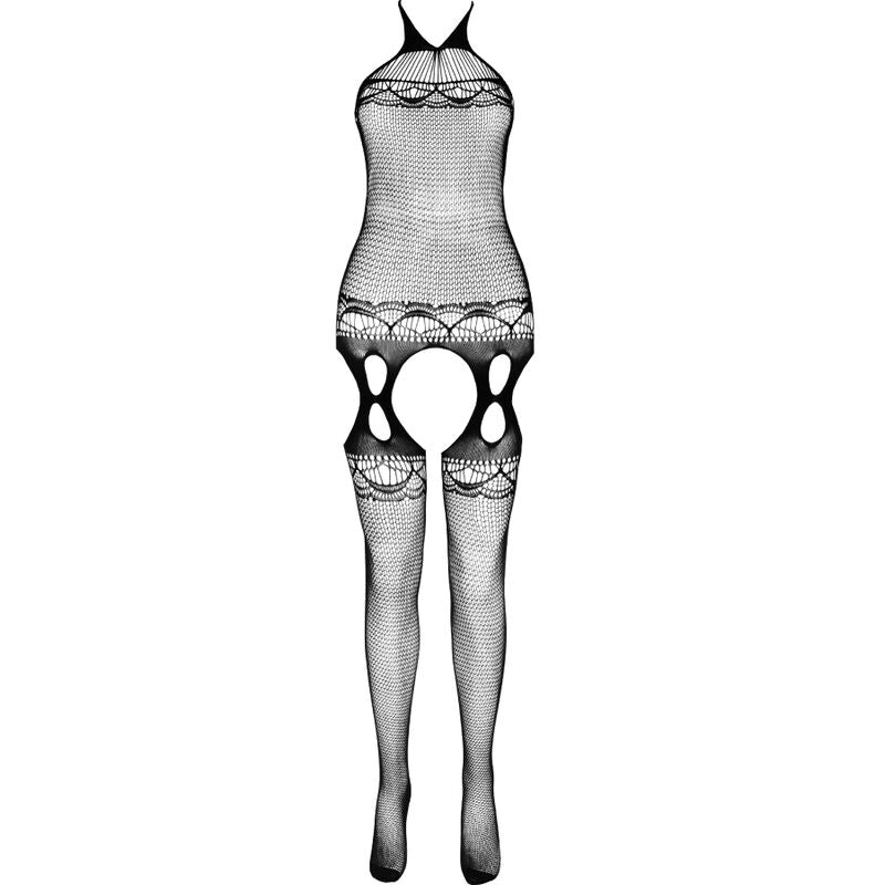 Bodystocking resille Passion Eco presente a plat sur fond blanc, bustier filet et decoupes en gouttes aux cuisses, nylon regenere ECONYL taille unique.
