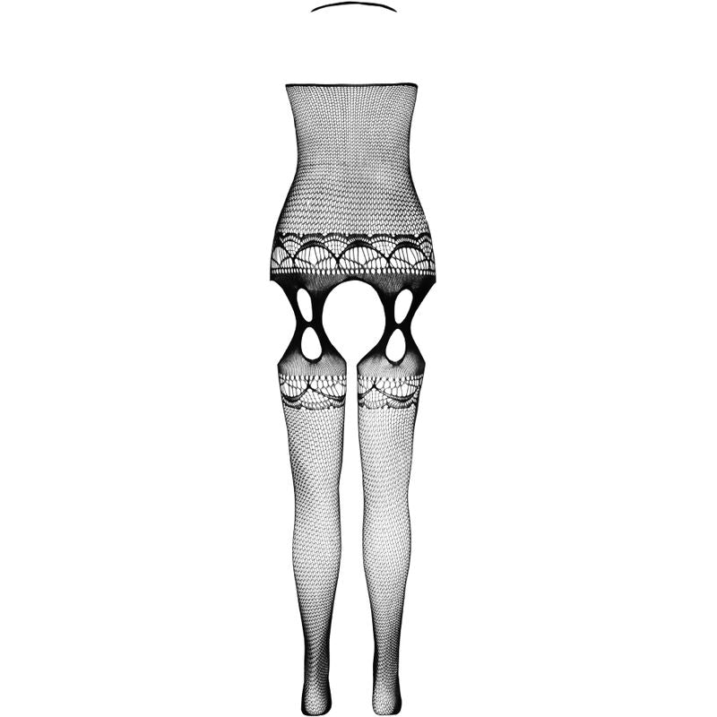 Bodystocking resille Passion Eco vu a plat, mailles filet degradees et decoupes courbes aux cuisses, elasthanne ROICA, taille unique europeenne.