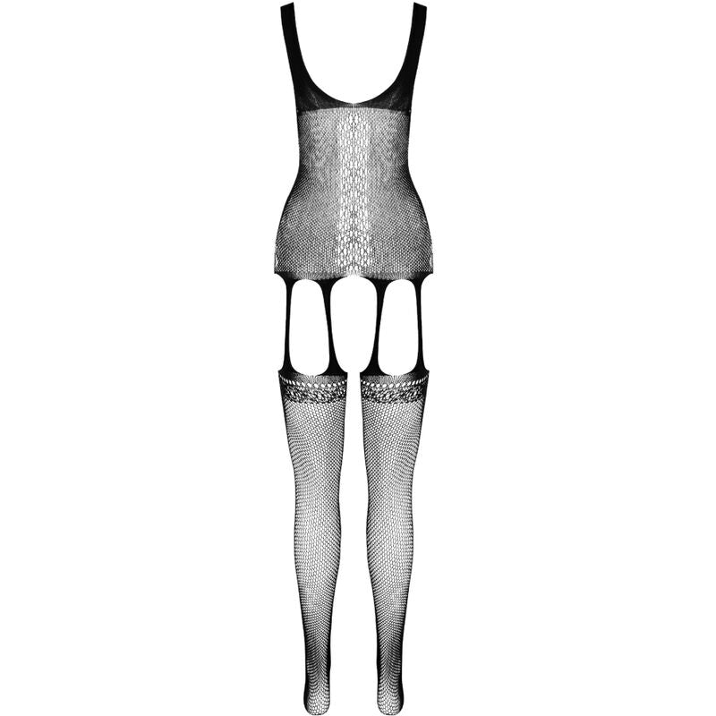 Bodystocking resille clair Passion Eco vu a plat, bustier a bretelles, motif croise et bas filet, elasthanne ROICA degradable europeen.
