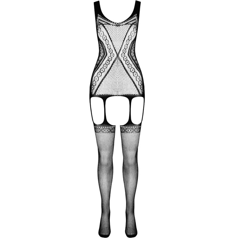Bodystocking resille Passion Eco presente a plat sur fond blanc, motif croise sur le buste, decoupes et bas filet degrade, nylon regenere ECONYL.