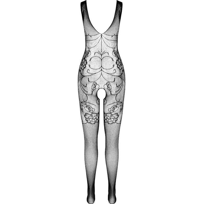 Bodystocking resille clair Passion Eco vu a plat, motifs floraux ajoures sur le corps et bas filet degrade, elasthanne ROICA degradable.