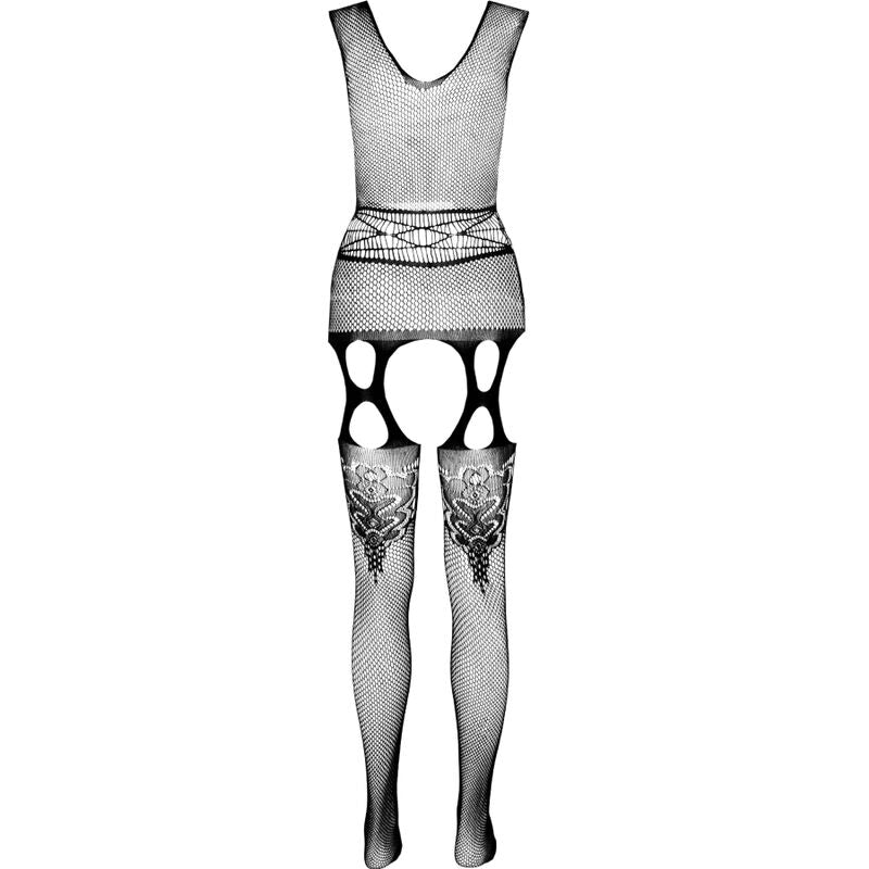 Vue produit a plat de la robe resille Passion Eco, buste ajoure dense et decoupes losanges aux jambes avec motif fleuri, sans modele, fond blanc.