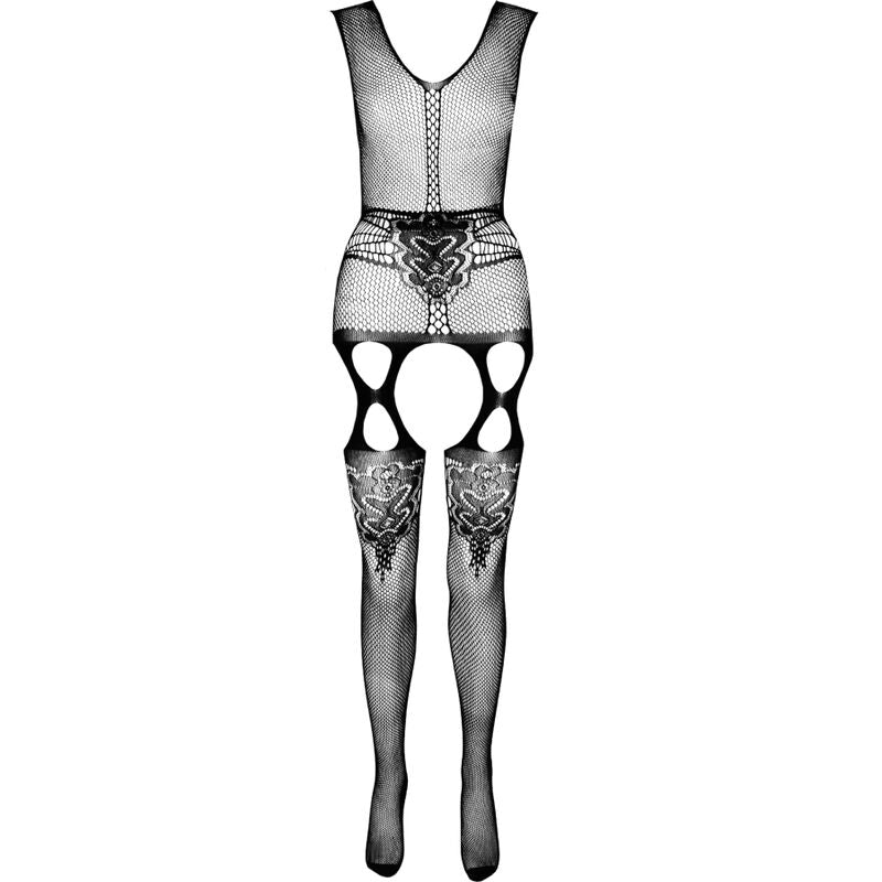 Schema technique noir de la robe resille Passion Eco, buste ajoure et motif fleuri aux cuisses avec decoupes losanges, presente a plat sans modele.