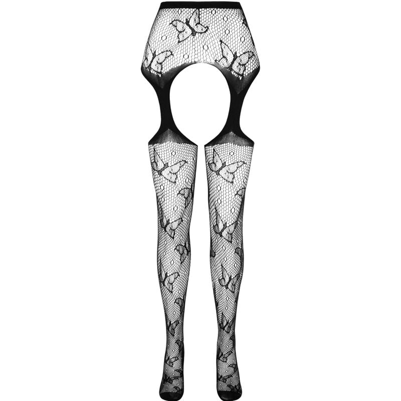 Schema technique noir du collant jarretieres Passion Eco a motif papillon et large ouverture haute, presente a plat sans modele sur fond blanc.