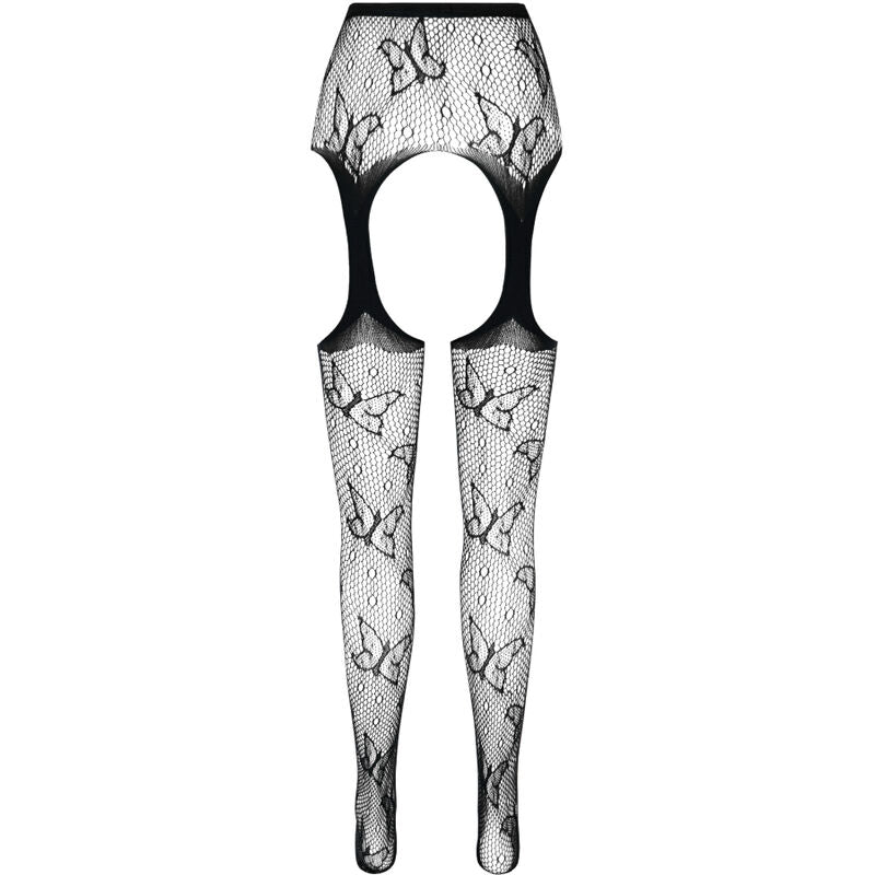 Vue produit a plat du collant resille Passion Eco a faux porte-jarretelles, motif papillon et decoupe entrejambe, sans modele, fond blanc.