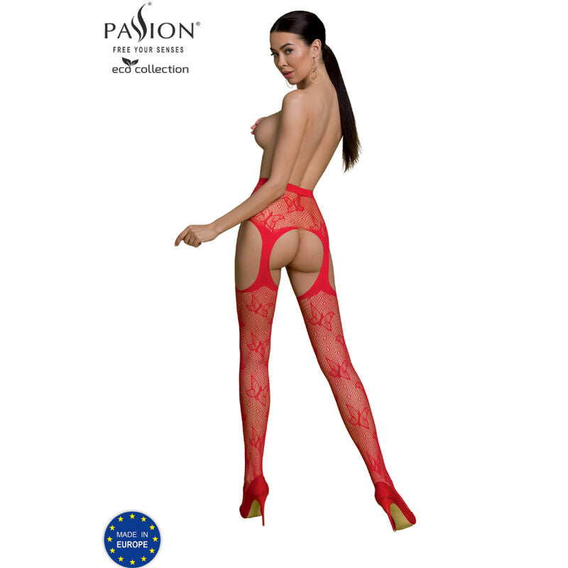 Vue de dos du collant resille Passion Eco a faux porte-jarretelles et motif floral, fesses nues sous la decoupe haute, escarpins rouges.