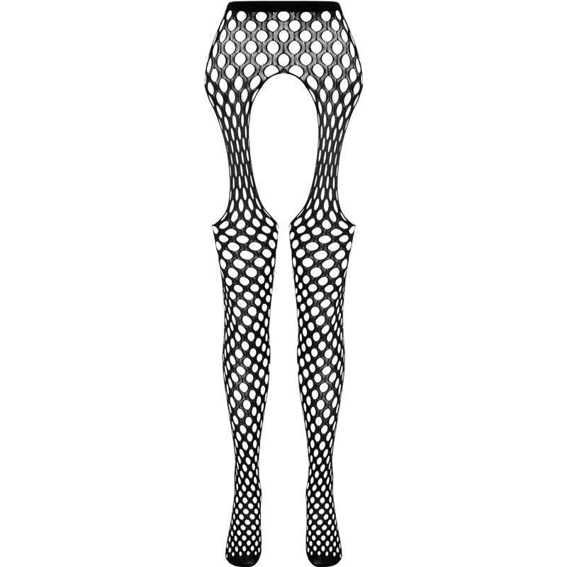 Schema technique noir du collant a grande maille Passion Eco a faux porte-jarretelles et ouverture haute, presente a plat sans modele sur fond blanc.