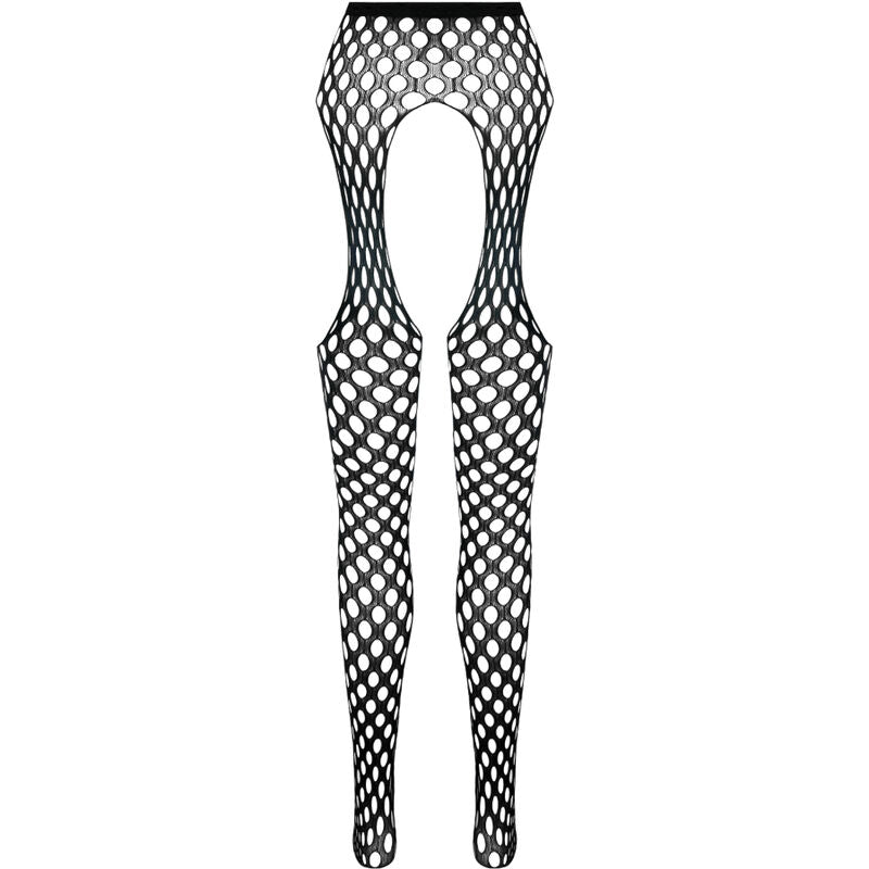 Vue produit a plat du collant a grande maille resille Passion Eco, taille haute et decoupe entrejambe, sans modele, fond blanc.