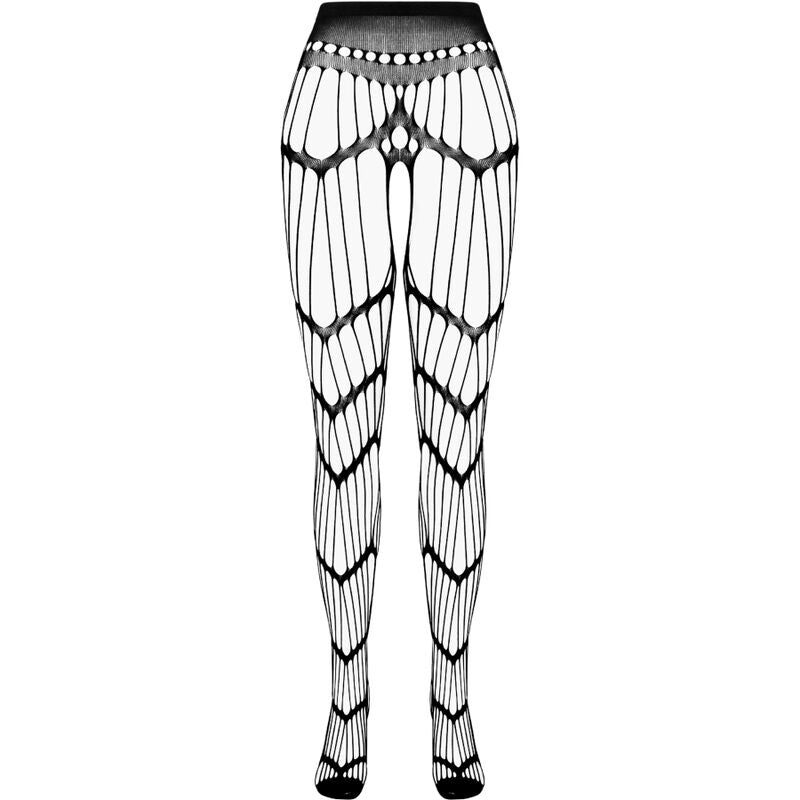 Schema technique noir du collant a lanieres verticales Passion Eco formant des chevrons aux jambes, presente a plat sans modele sur fond blanc.