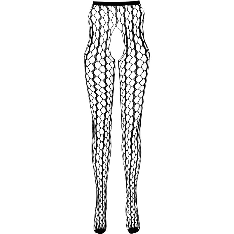 Schema technique noir du collant a grande maille resille Passion Eco avec ouverture entrejambe, presente a plat sans modele sur fond blanc.