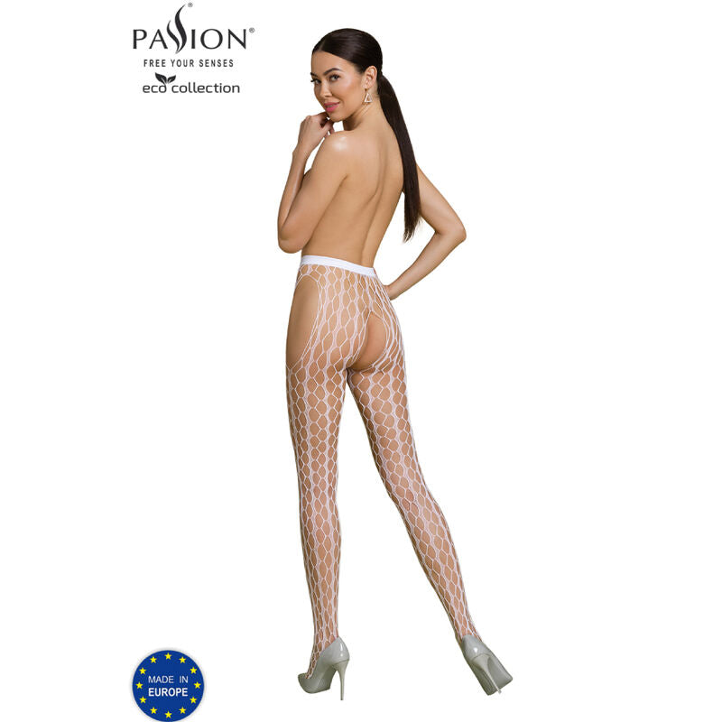 Vue de dos du collant resille blanc a grande maille Passion Eco, maille ajouree epousant les fesses, ouverture entrejambe, talons clairs, fond blanc.