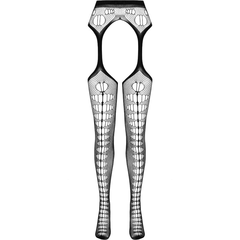 Schema technique noir du collant jarretieres Passion Eco a motif fuselé aux jambes et taille haute, presente a plat sans modele sur fond blanc.
