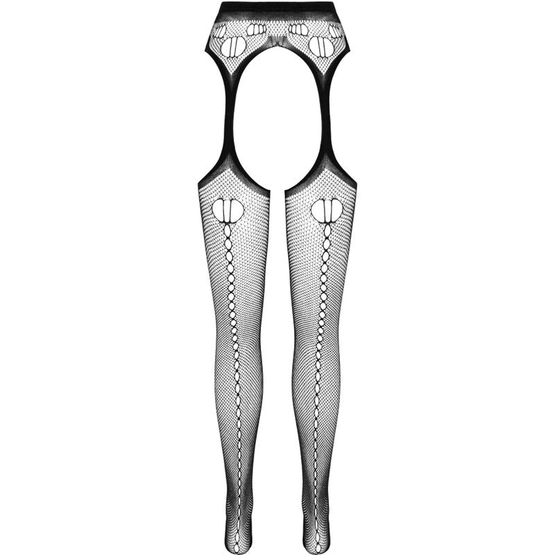 Vue produit a plat du collant resille Passion Eco a faux porte-jarretelles et motif graphique fuselé, taille haute, sans modele, fond blanc.